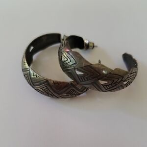 Vintage Sterling Silver Geometric Patterned Aztec Hoop Earrings
